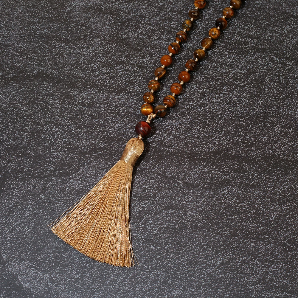 8mm Natural Yellow Tiger Eye Bead Knot 108 Mala Necklace Meditation Prayer Japamala Jewelry for Men and Women