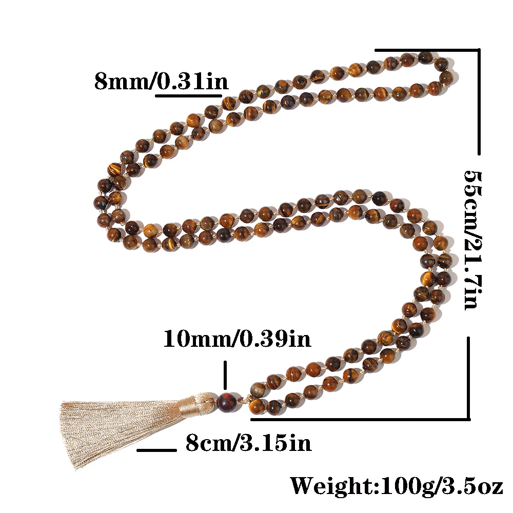 8mm Natural Yellow Tiger Eye Bead Knot 108 Mala Necklace Meditation Prayer Japamala Jewelry for Men and Women