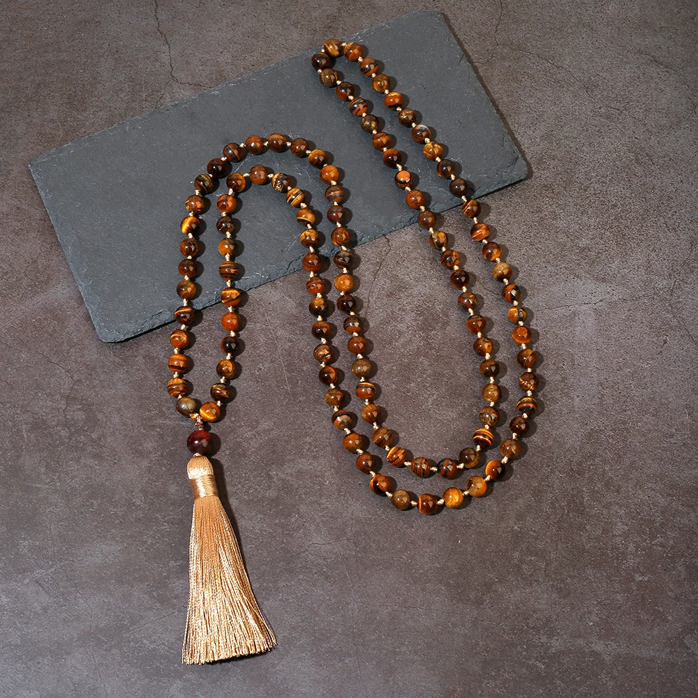8mm Natural Yellow Tiger Eye Bead Knot 108 Mala Necklace Meditation Prayer Japamala Jewelry for Men and Women
