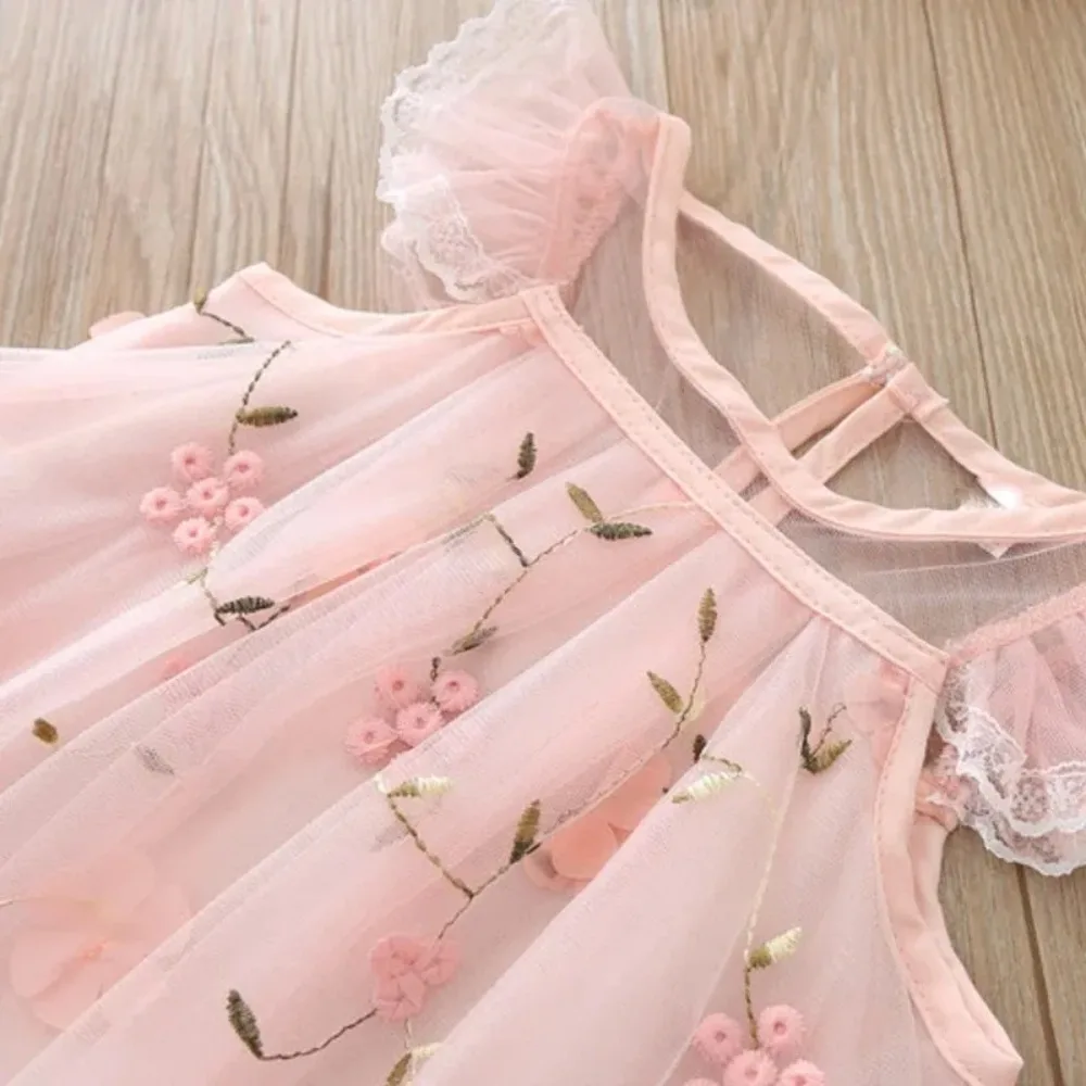 Bear Leader Flying Sleeve Girls Colorful Dress Summer Kids Rainbow Mesh Party Dresses Children Clothing Vestidos Outfits