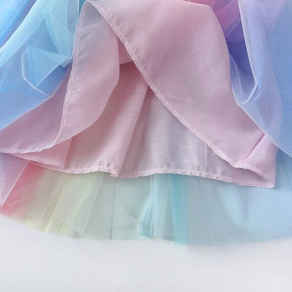 Bear Leader Flying Sleeve Girls Colorful Dress Summer Kids Rainbow Mesh Party Dresses Children Clothing Vestidos Outfits