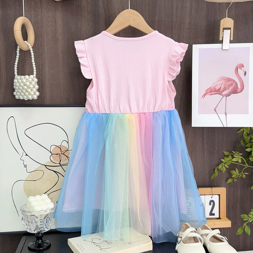 Bear Leader Flying Sleeve Girls Colorful Dress Summer Kids Rainbow Mesh Party Dresses Children Clothing Vestidos Outfits