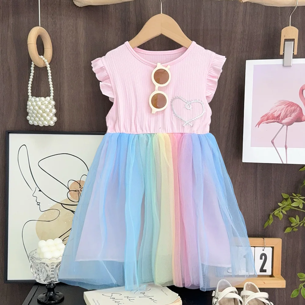 Bear Leader Flying Sleeve Girls Colorful Dress Summer Kids Rainbow Mesh Party Dresses Children Clothing Vestidos Outfits