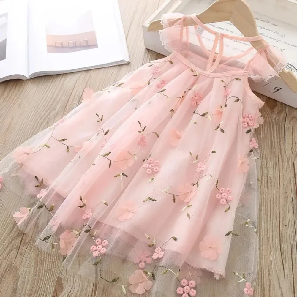Bear Leader Flying Sleeve Girls Colorful Dress Summer Kids Rainbow Mesh Party Dresses Children Clothing Vestidos Outfits