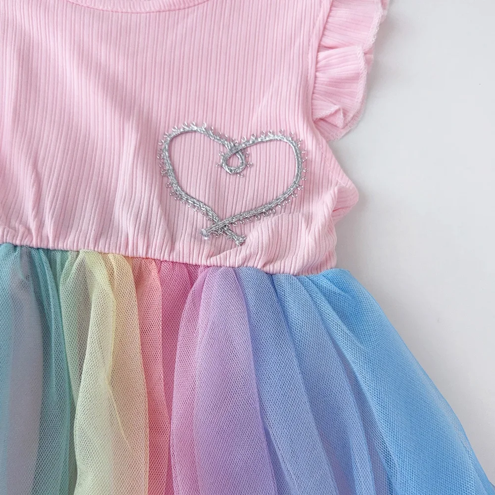 Bear Leader Flying Sleeve Girls Colorful Dress Summer Kids Rainbow Mesh Party Dresses Children Clothing Vestidos Outfits