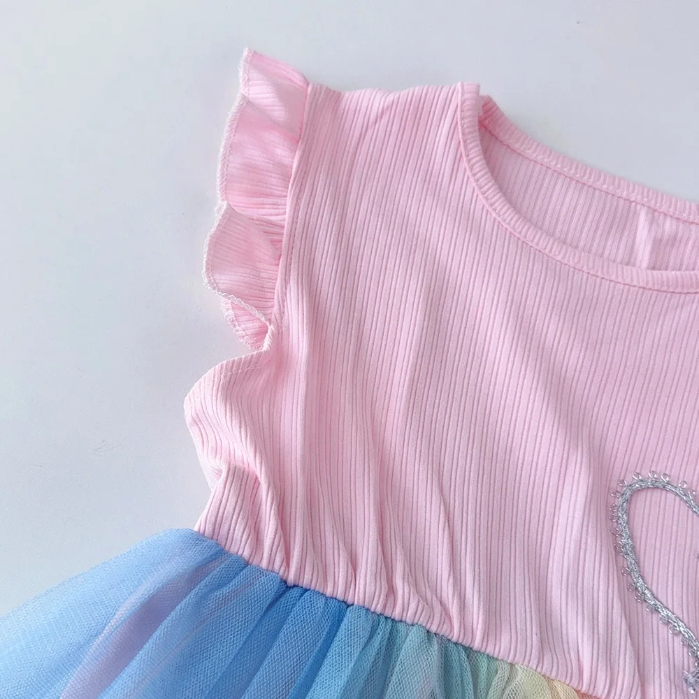 Bear Leader Flying Sleeve Girls Colorful Dress Summer Kids Rainbow Mesh Party Dresses Children Clothing Vestidos Outfits