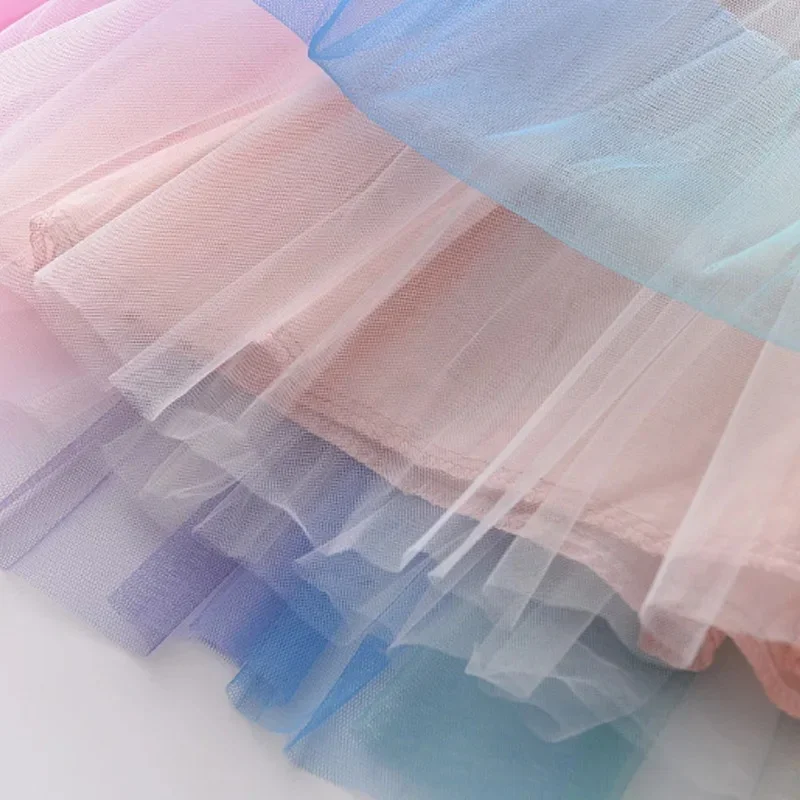 Bear Leader Flying Sleeve Girls Colorful Dress Summer Kids Rainbow Mesh Party Dresses Children Clothing Vestidos Outfits
