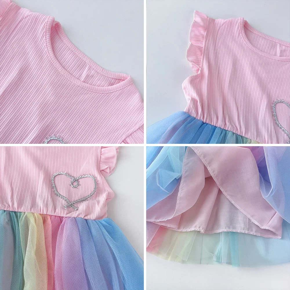 Bear Leader Flying Sleeve Girls Colorful Dress Summer Kids Rainbow Mesh Party Dresses Children Clothing Vestidos Outfits