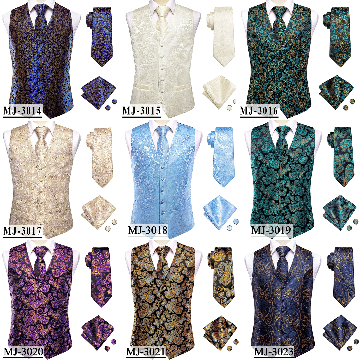 Champagne Mens Vest Tie Set Fashion Paisley Jacquard Western Waistcoat Necktie Hanky Cufflinks Wedding Business Gift Hi-Tie