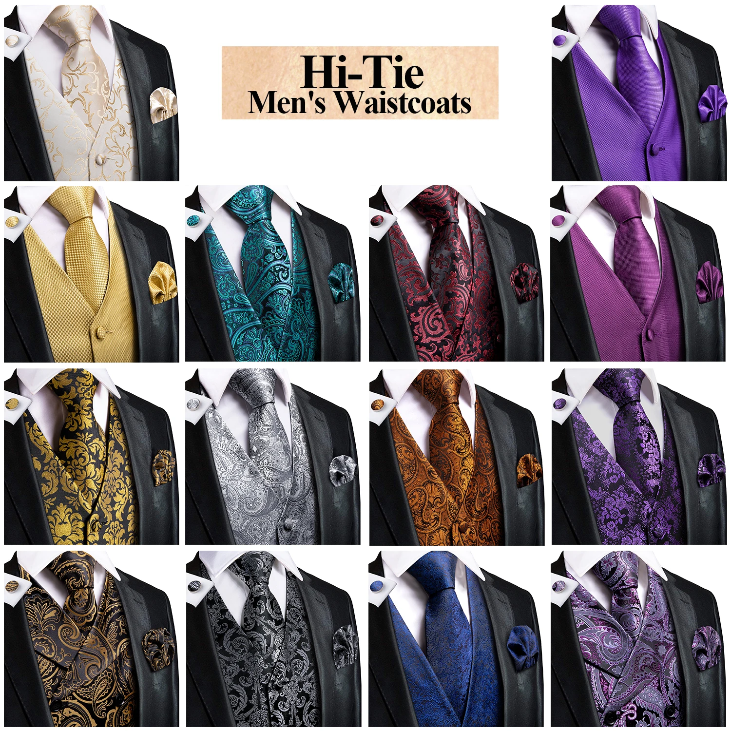 Champagne Mens Vest Tie Set Fashion Paisley Jacquard Western Waistcoat Necktie Hanky Cufflinks Wedding Business Gift Hi-Tie