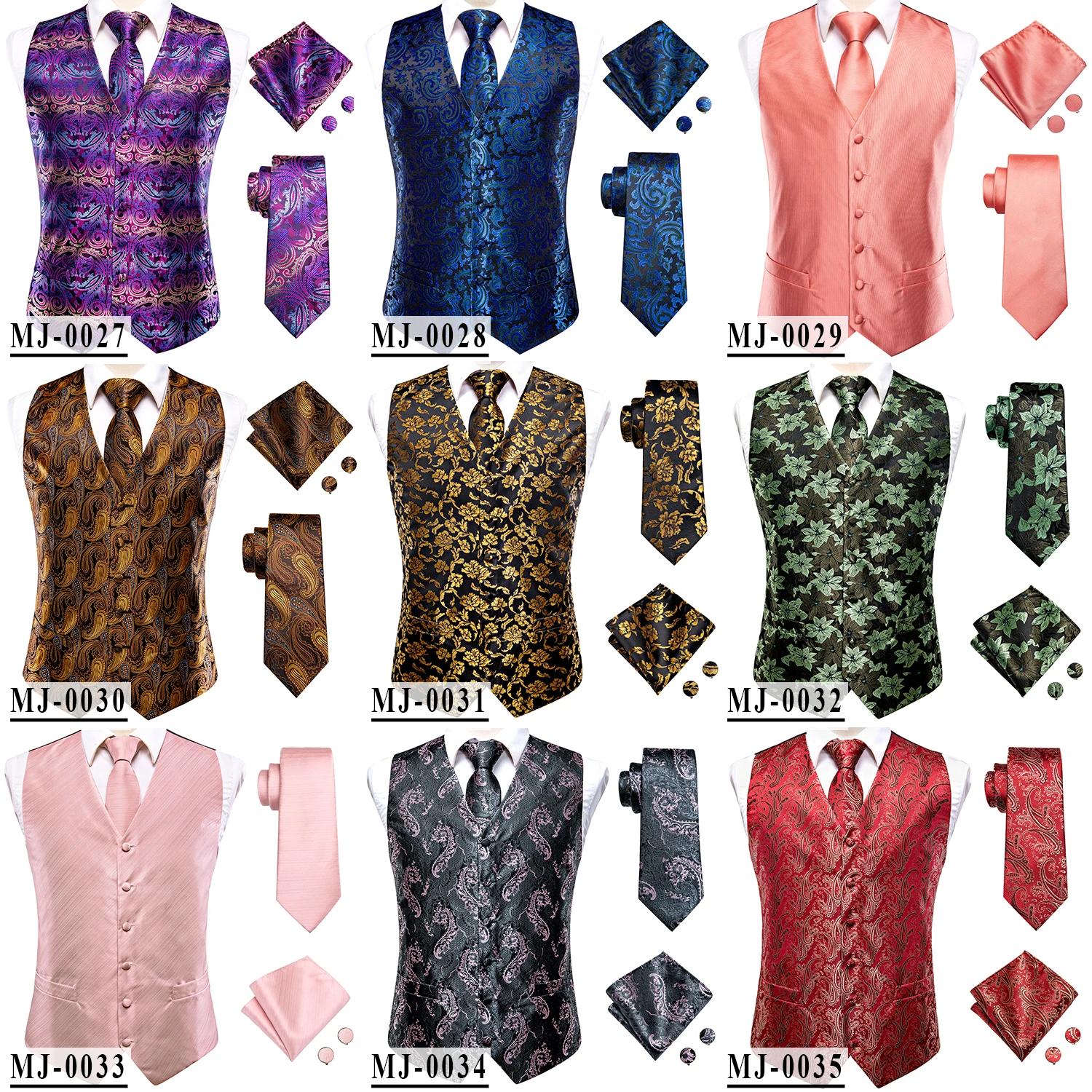 Champagne Mens Vest Tie Set Fashion Paisley Jacquard Western Waistcoat Necktie Hanky Cufflinks Wedding Business Gift Hi-Tie