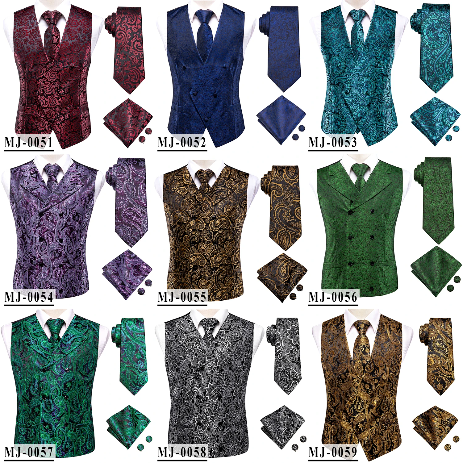 Champagne Mens Vest Tie Set Fashion Paisley Jacquard Western Waistcoat Necktie Hanky Cufflinks Wedding Business Gift Hi-Tie