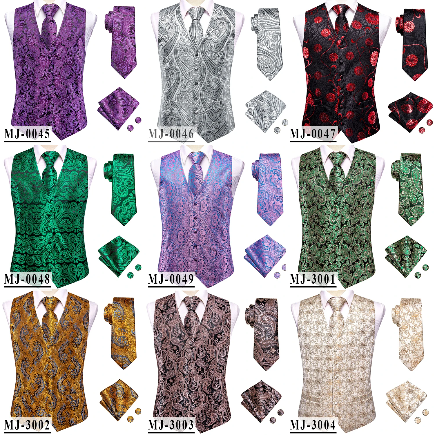 Champagne Mens Vest Tie Set Fashion Paisley Jacquard Western Waistcoat Necktie Hanky Cufflinks Wedding Business Gift Hi-Tie