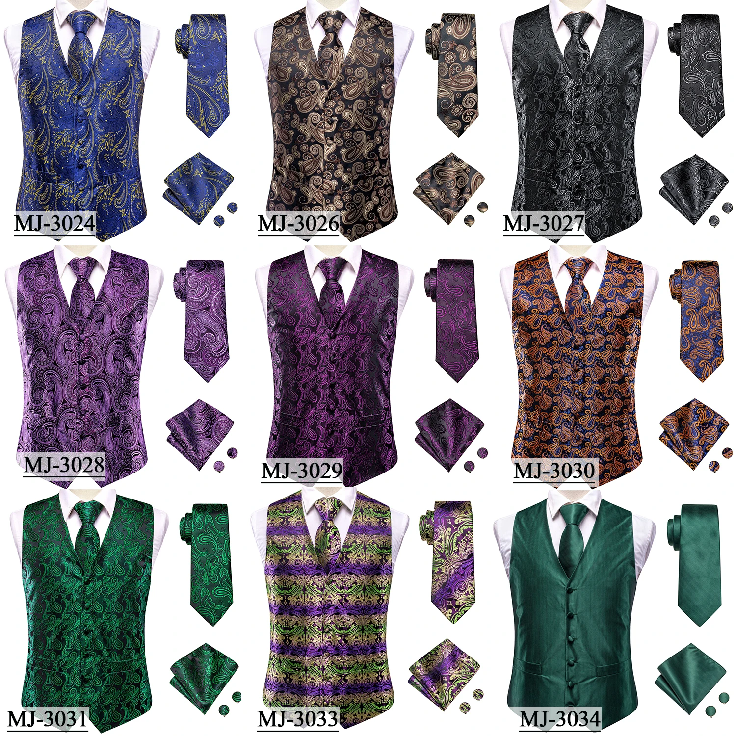 Champagne Mens Vest Tie Set Fashion Paisley Jacquard Western Waistcoat Necktie Hanky Cufflinks Wedding Business Gift Hi-Tie