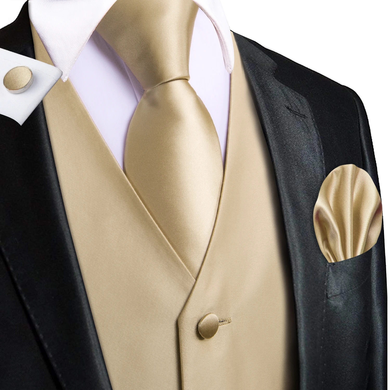 Champagne Mens Vest Tie Set Fashion Paisley Jacquard Western Waistcoat Necktie Hanky Cufflinks Wedding Business Gift Hi-Tie