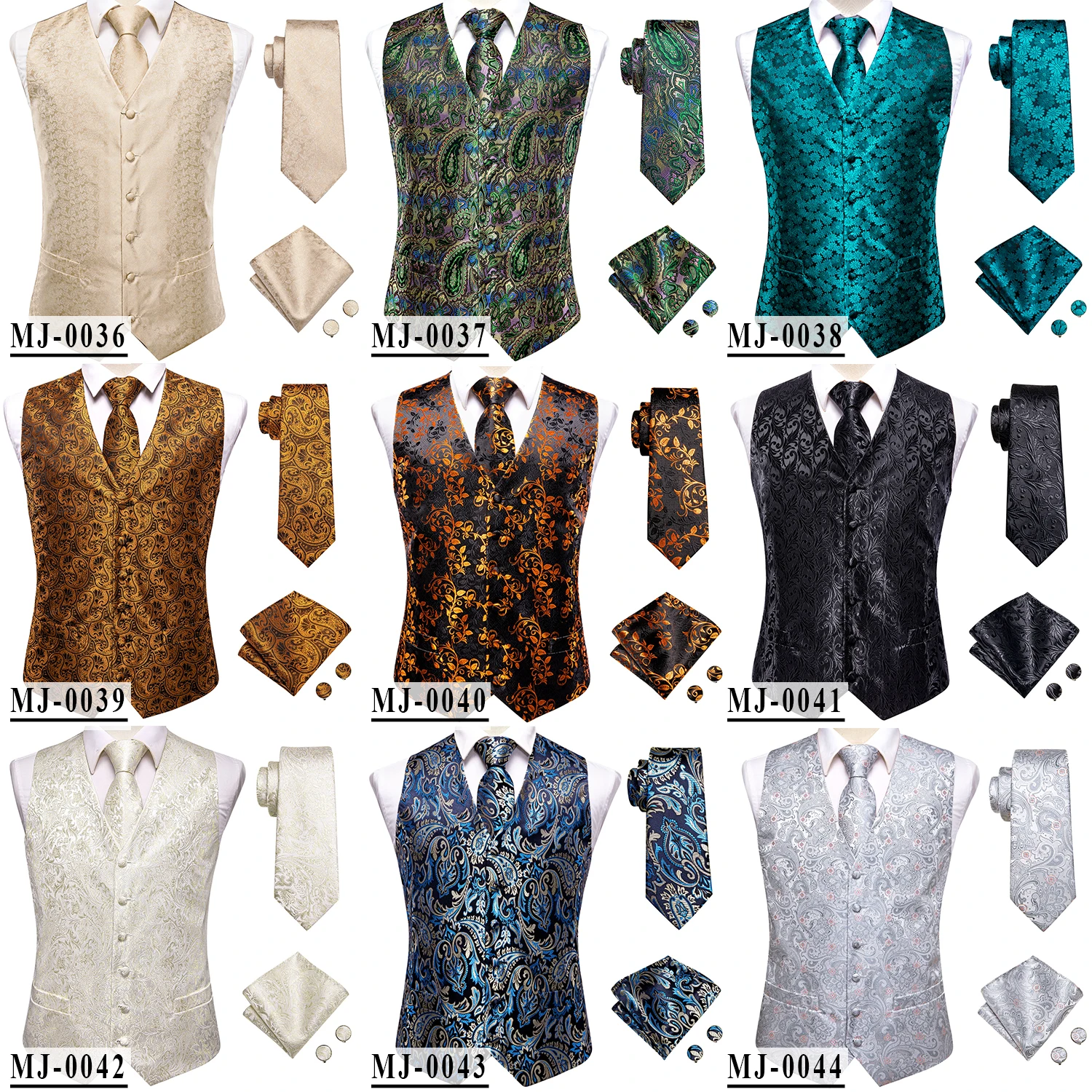 Champagne Mens Vest Tie Set Fashion Paisley Jacquard Western Waistcoat Necktie Hanky Cufflinks Wedding Business Gift Hi-Tie