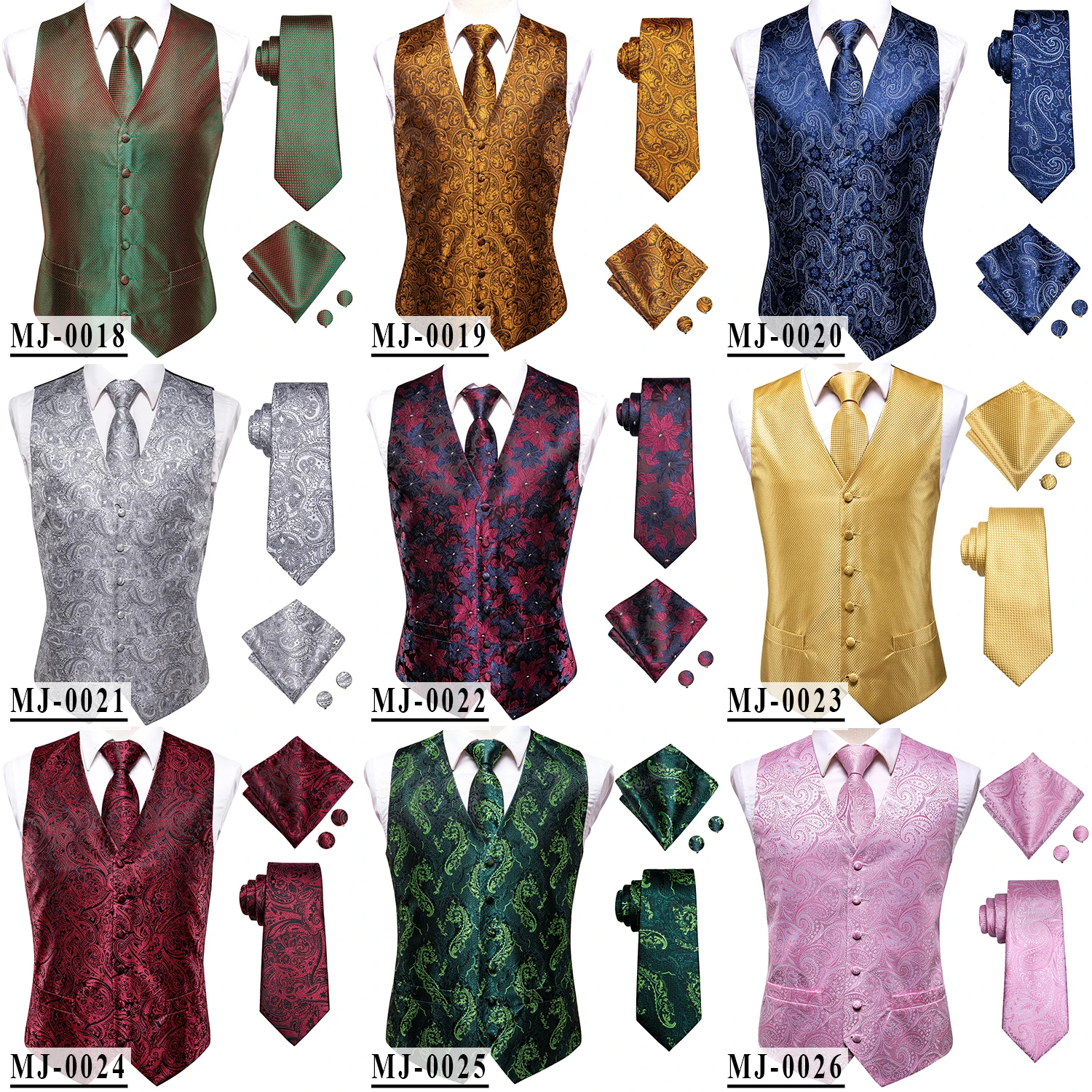 Champagne Mens Vest Tie Set Fashion Paisley Jacquard Western Waistcoat Necktie Hanky Cufflinks Wedding Business Gift Hi-Tie