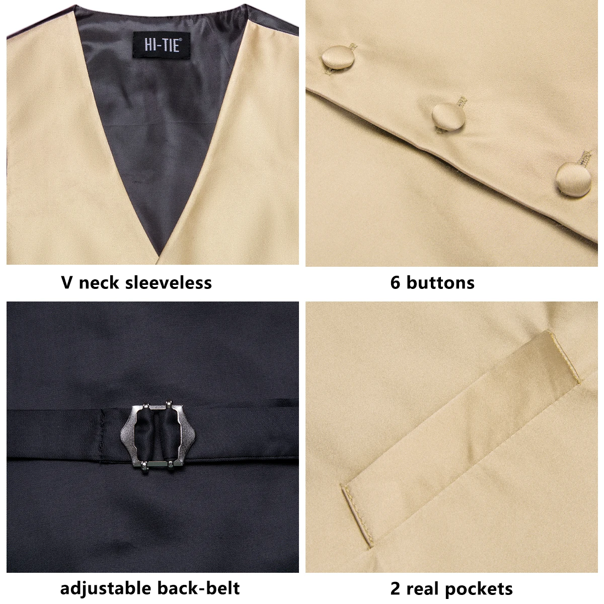 Champagne Mens Vest Tie Set Fashion Paisley Jacquard Western Waistcoat Necktie Hanky Cufflinks Wedding Business Gift Hi-Tie