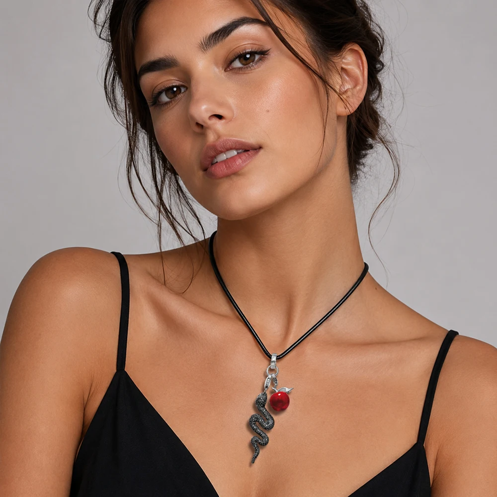 Snake and Red Apple Necklace New Fine Jewelry Europe 925 Sterling Silver Romantic Gift For Women