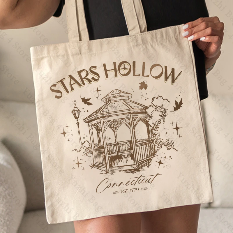 Stars Hollow Pattern Canvas Shopping Bag Portable Shoulder Bag Trendy Large Capacity Tote Bag for Daily Life Aesthetics Trend