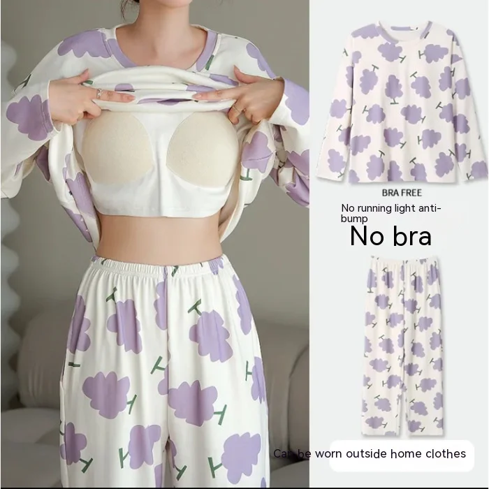 Plus Size New with Chest Pad Spring Long Sleeve Loose Home Casual Wearable Comfortable Stylish Trendy Ins Cute Women's Pajamas