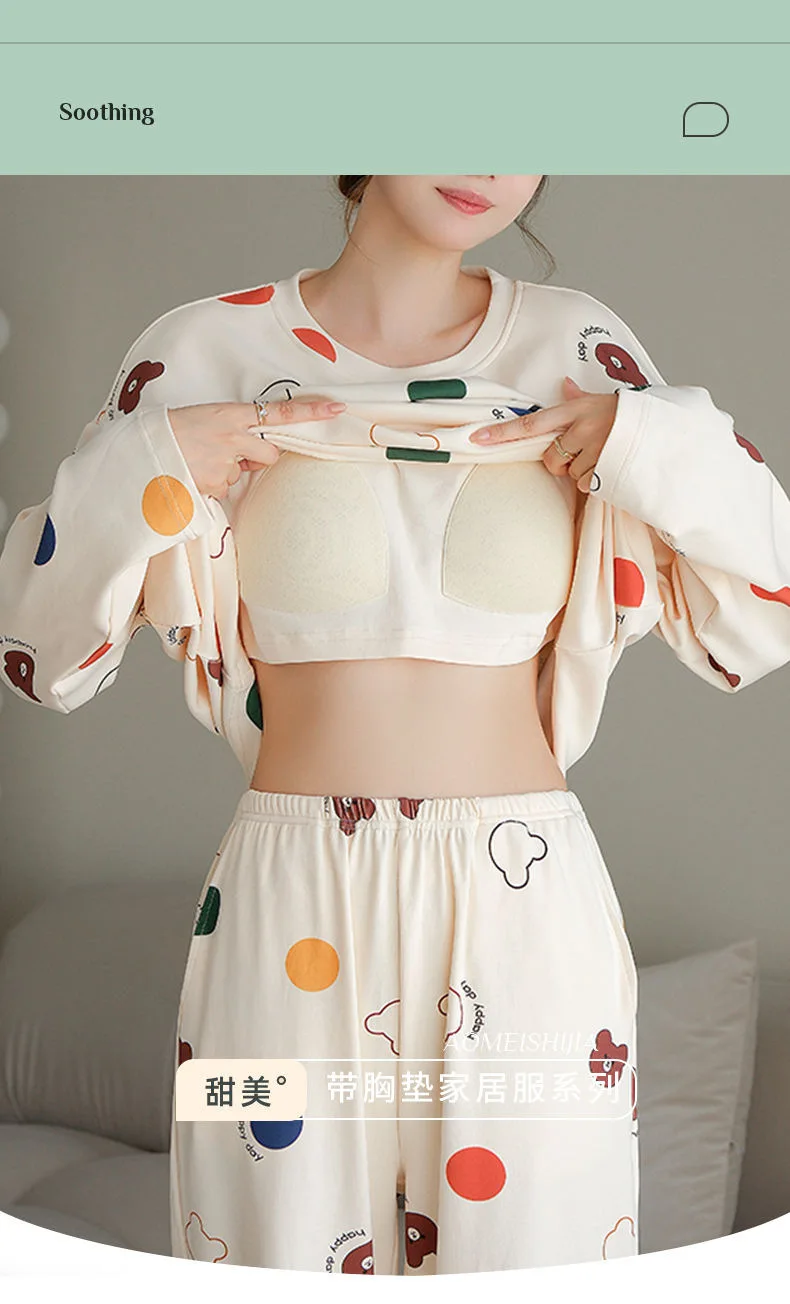 Plus Size New with Chest Pad Spring Long Sleeve Loose Home Casual Wearable Comfortable Stylish Trendy Ins Cute Women's Pajamas
