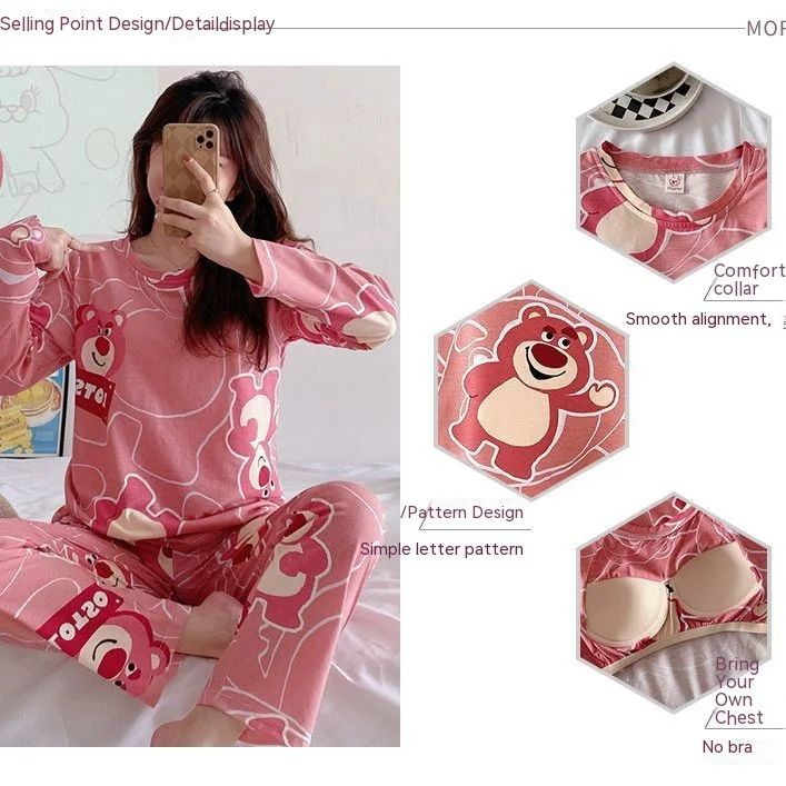 Plus Size New with Chest Pad Spring Long Sleeve Loose Home Casual Wearable Comfortable Stylish Trendy Ins Cute Women's Pajamas