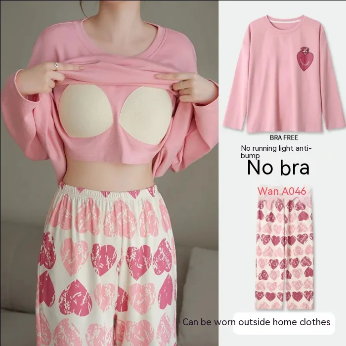 Plus Size New with Chest Pad Spring Long Sleeve Loose Home Casual Wearable Comfortable Stylish Trendy Ins Cute Women's Pajamas