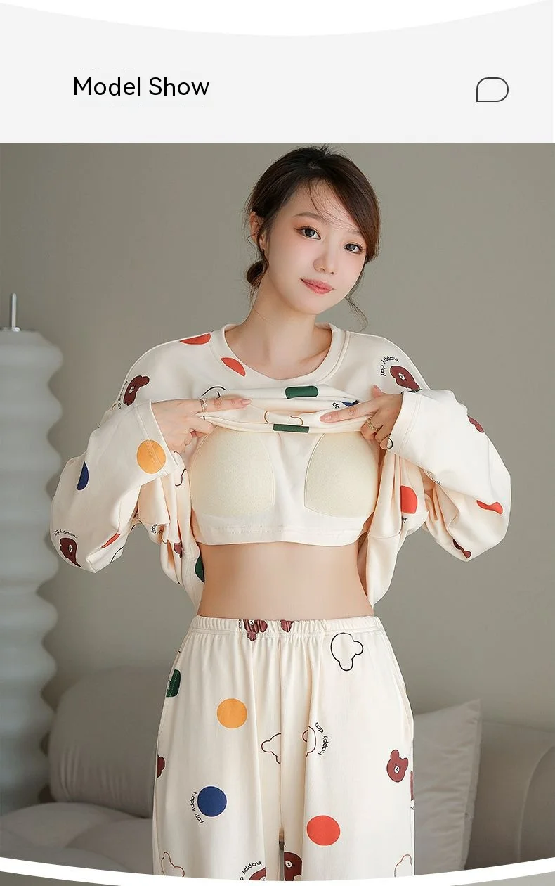 Plus Size New with Chest Pad Spring Long Sleeve Loose Home Casual Wearable Comfortable Stylish Trendy Ins Cute Women's Pajamas