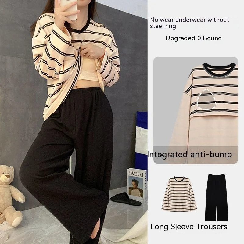 Plus Size New with Chest Pad Spring Long Sleeve Loose Home Casual Wearable Comfortable Stylish Trendy Ins Cute Women's Pajamas