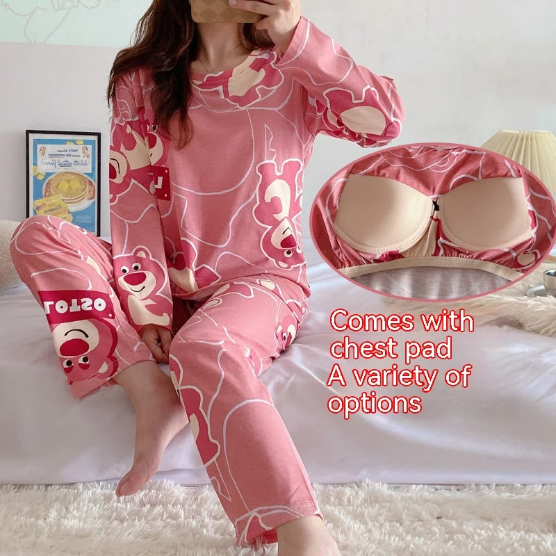 Plus Size New with Chest Pad Spring Long Sleeve Loose Home Casual Wearable Comfortable Stylish Trendy Ins Cute Women's Pajamas