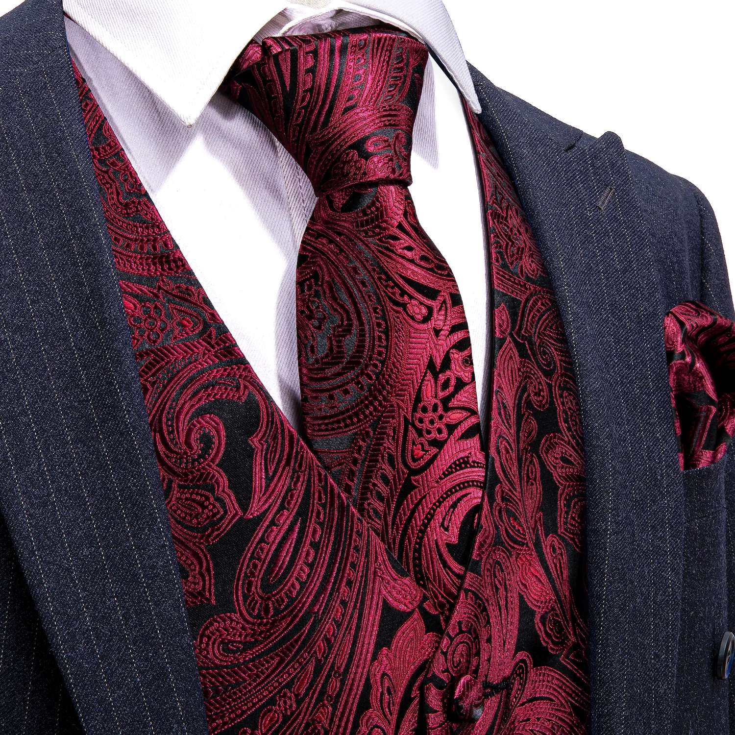 Barry.Wang Men Vest Jacquard Green Blue Red Gold Pink Waistcoat Tie Hanky Cufflinks Set Wedding Business Sleeveless Jacket