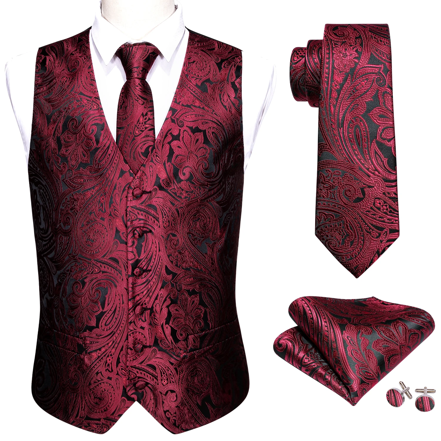Barry.Wang Men Vest Jacquard Green Blue Red Gold Pink Waistcoat Tie Hanky Cufflinks Set Wedding Business Sleeveless Jacket