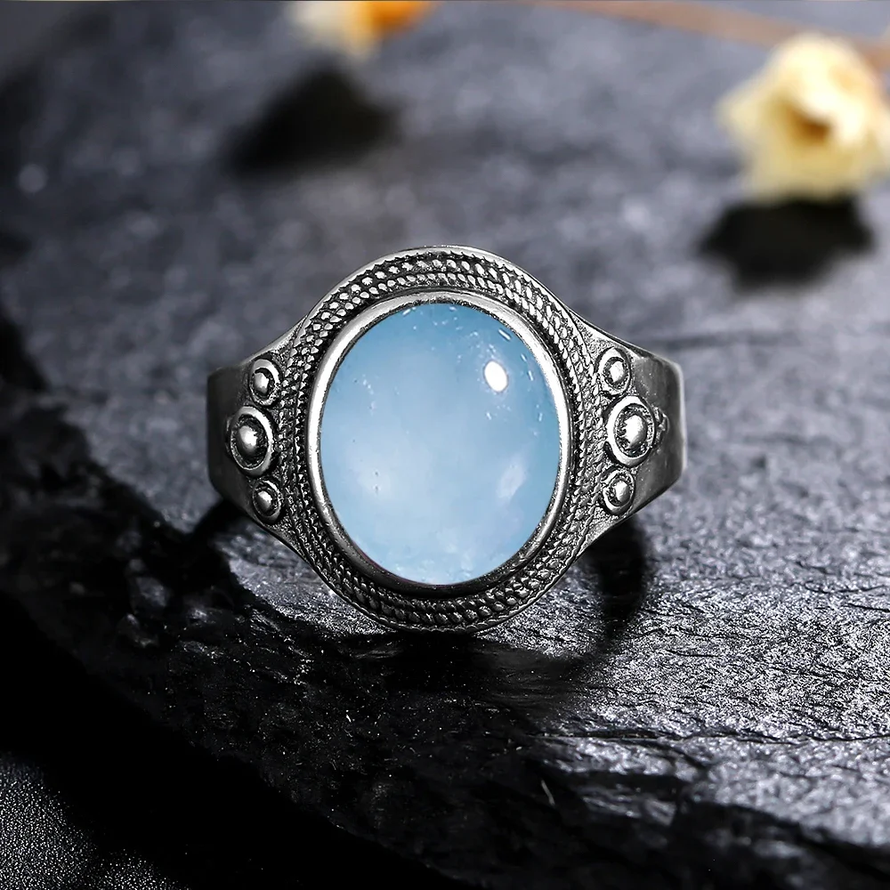 8*10MM Natural Stone Rings for Women Men Retro S925 Silver Plated Tiger Eye Moonstone Ring Party Gift Luxury Fine Jewelry FCGJHW