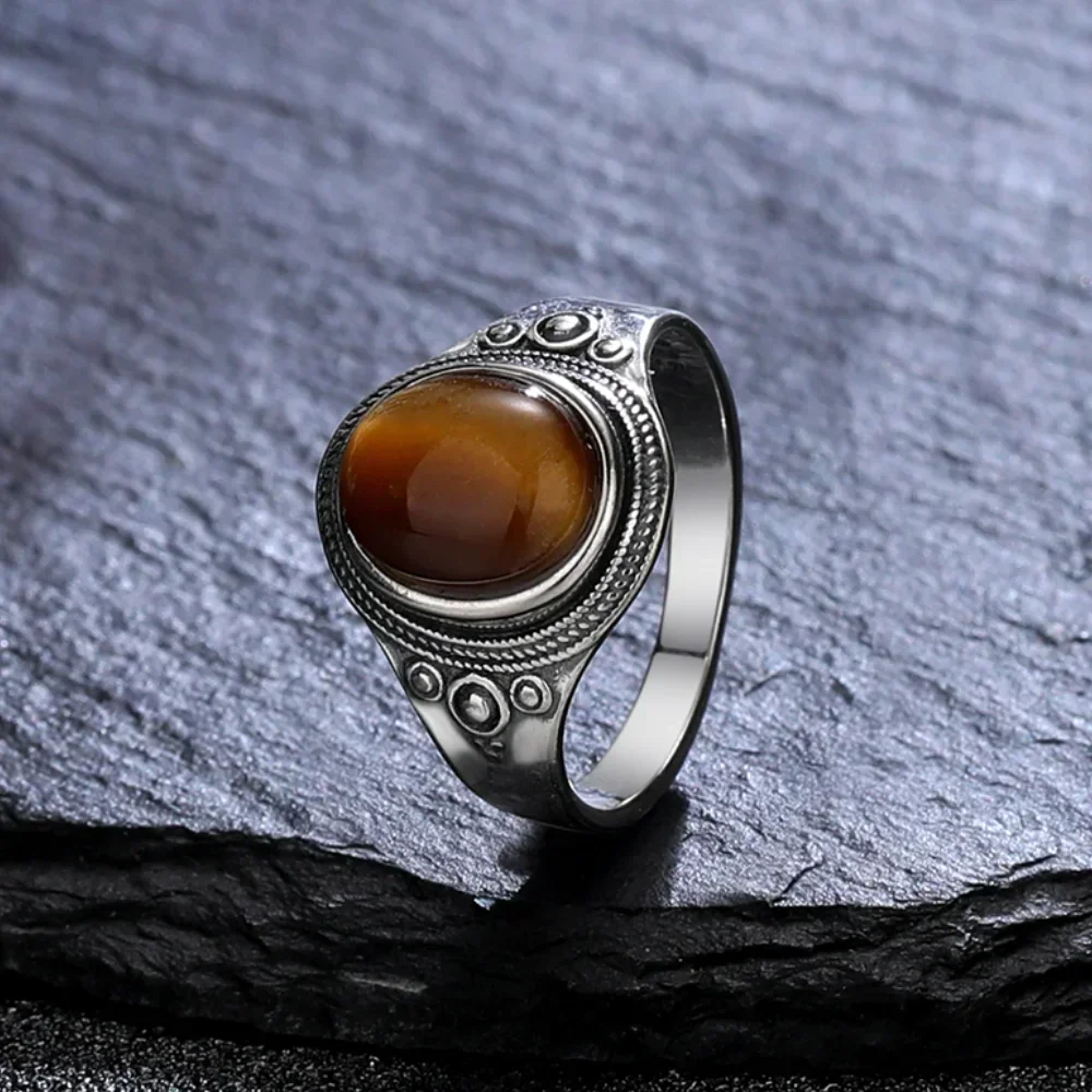 8*10MM Natural Stone Rings for Women Men Retro S925 Silver Plated Tiger Eye Moonstone Ring Party Gift Luxury Fine Jewelry FCGJHW