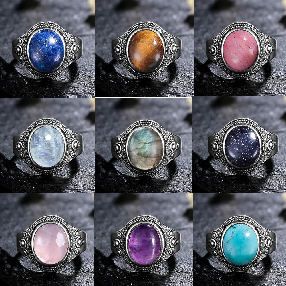 8*10MM Natural Stone Rings for Women Men Retro S925 Silver Plated Tiger Eye Moonstone Ring Party Gift Luxury Fine Jewelry FCGJHW