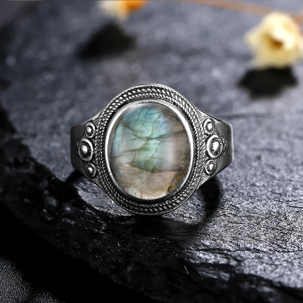 8*10MM Natural Stone Rings for Women Men Retro S925 Silver Plated Tiger Eye Moonstone Ring Party Gift Luxury Fine Jewelry FCGJHW