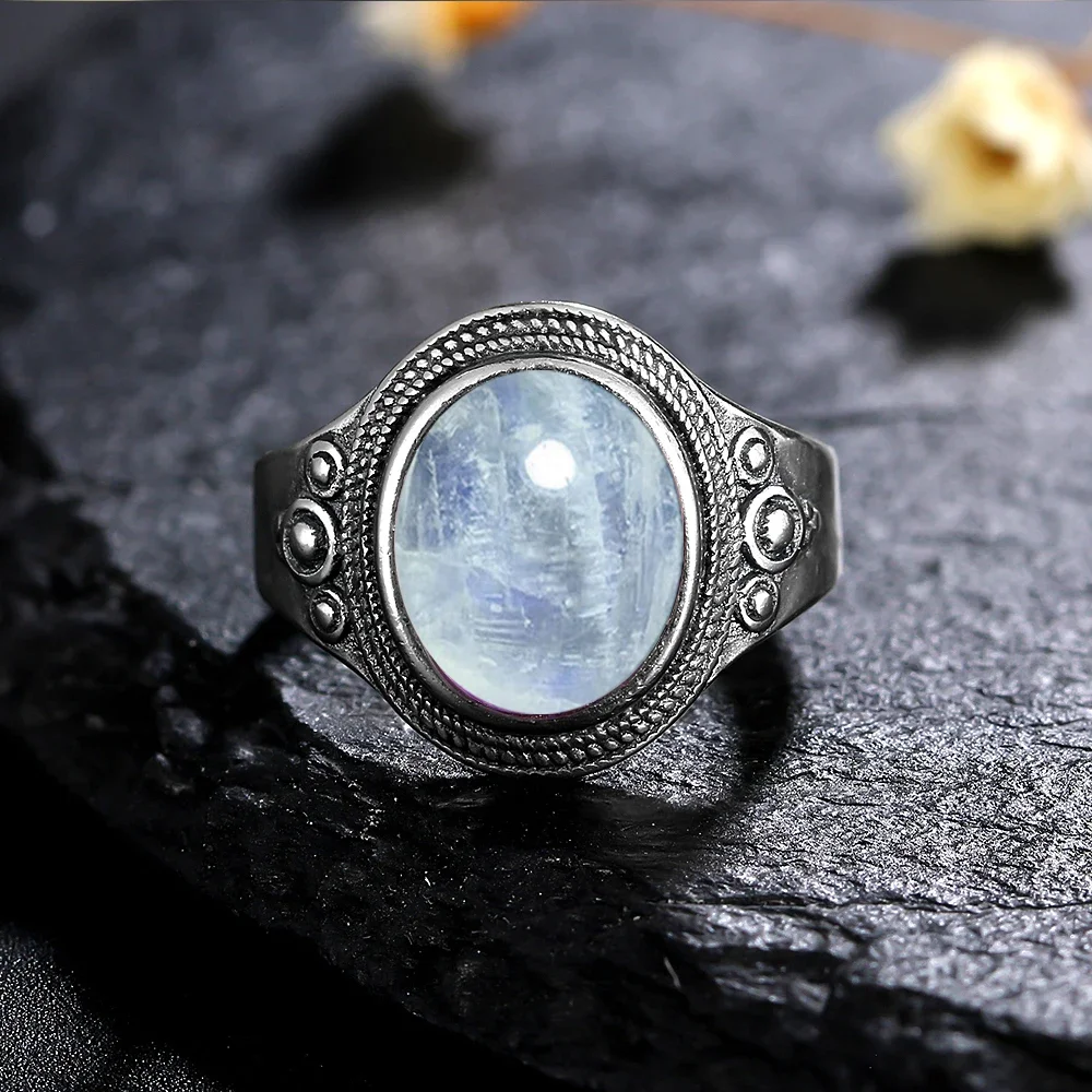 8*10MM Natural Stone Rings for Women Men Retro S925 Silver Plated Tiger Eye Moonstone Ring Party Gift Luxury Fine Jewelry FCGJHW