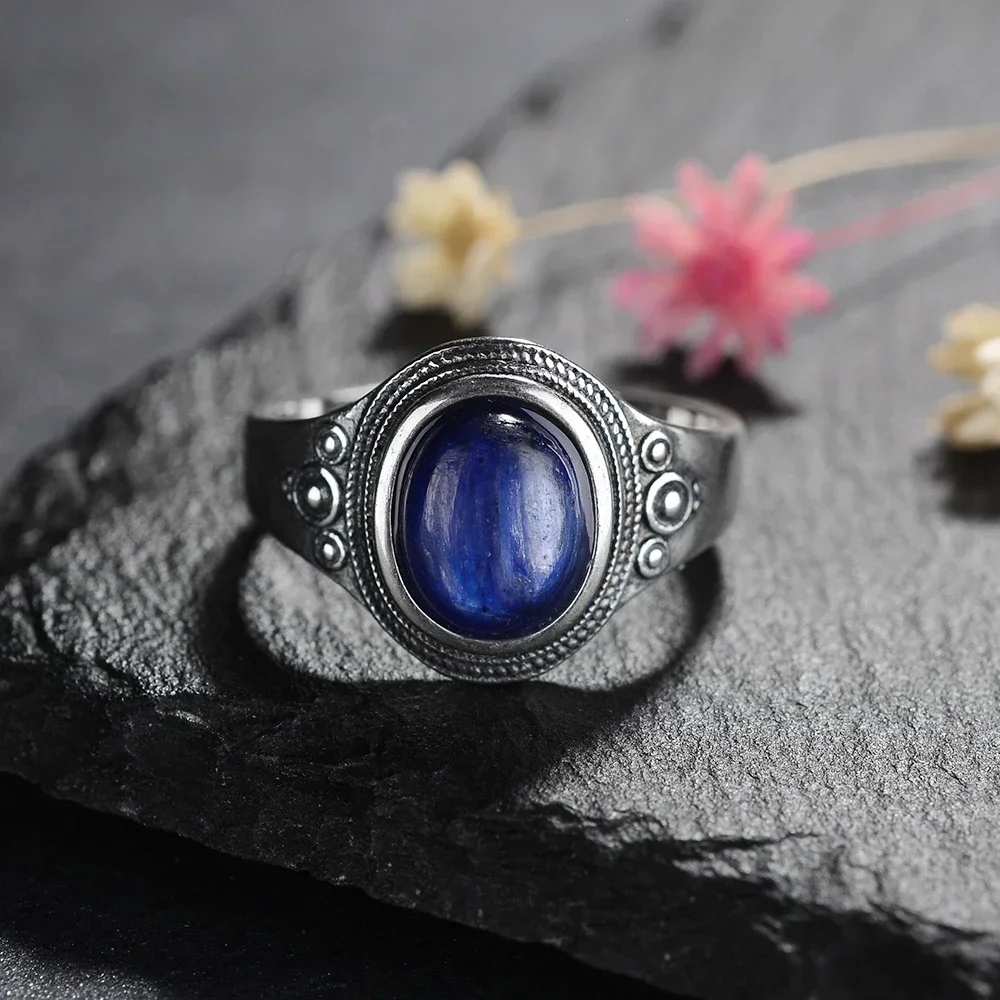 8*10MM Natural Stone Rings for Women Men Retro S925 Silver Plated Tiger Eye Moonstone Ring Party Gift Luxury Fine Jewelry FCGJHW