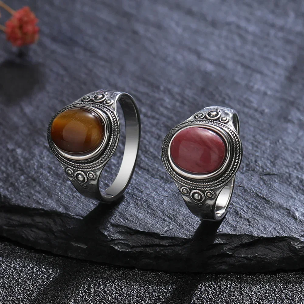 8*10MM Natural Stone Rings for Women Men Retro S925 Silver Plated Tiger Eye Moonstone Ring Party Gift Luxury Fine Jewelry FCGJHW