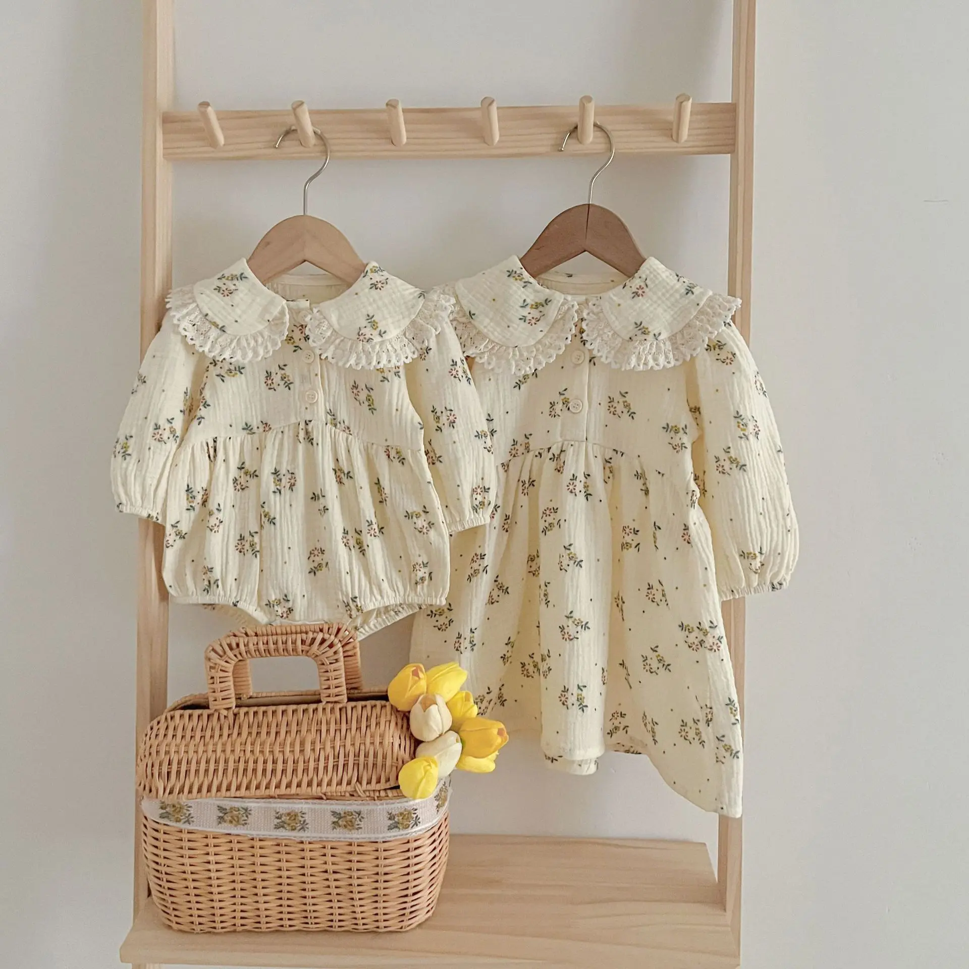 Spring Baby Girls Long Sleeve Sweet Sisters Flower Print Dress Autumn Infant Rompers Kids Baby Girls Princess Clothes Rompers