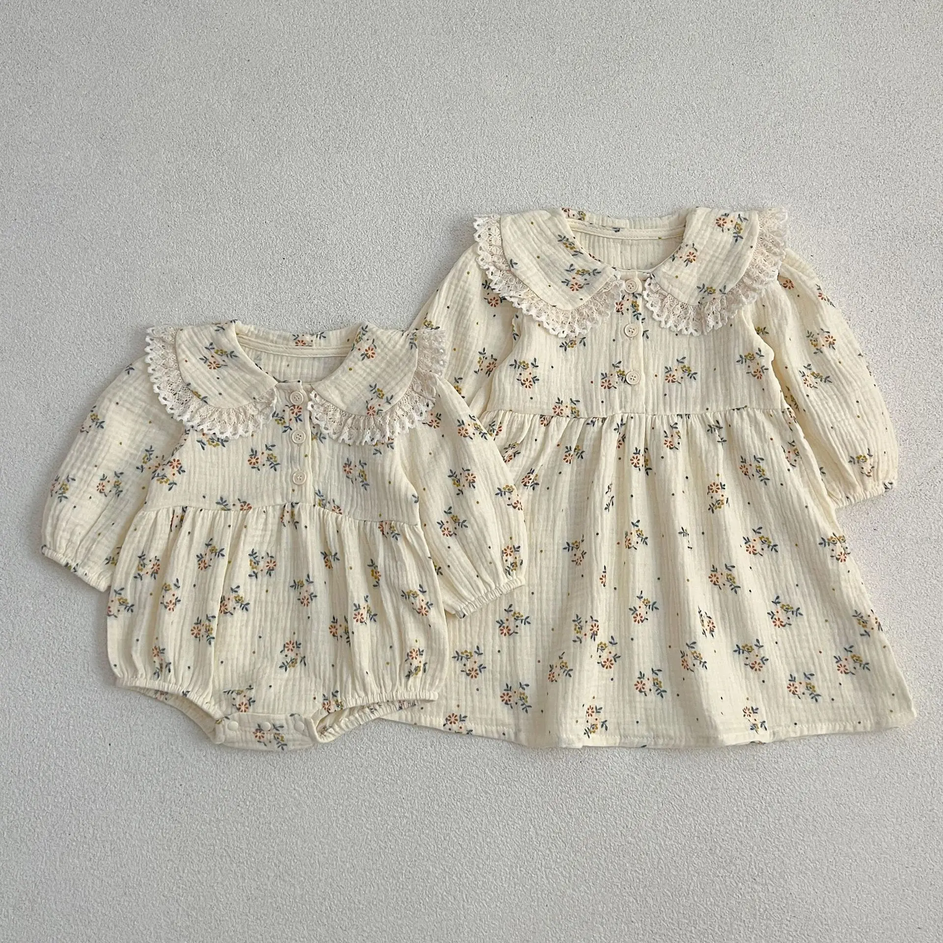 Spring Baby Girls Long Sleeve Sweet Sisters Flower Print Dress Autumn Infant Rompers Kids Baby Girls Princess Clothes Rompers