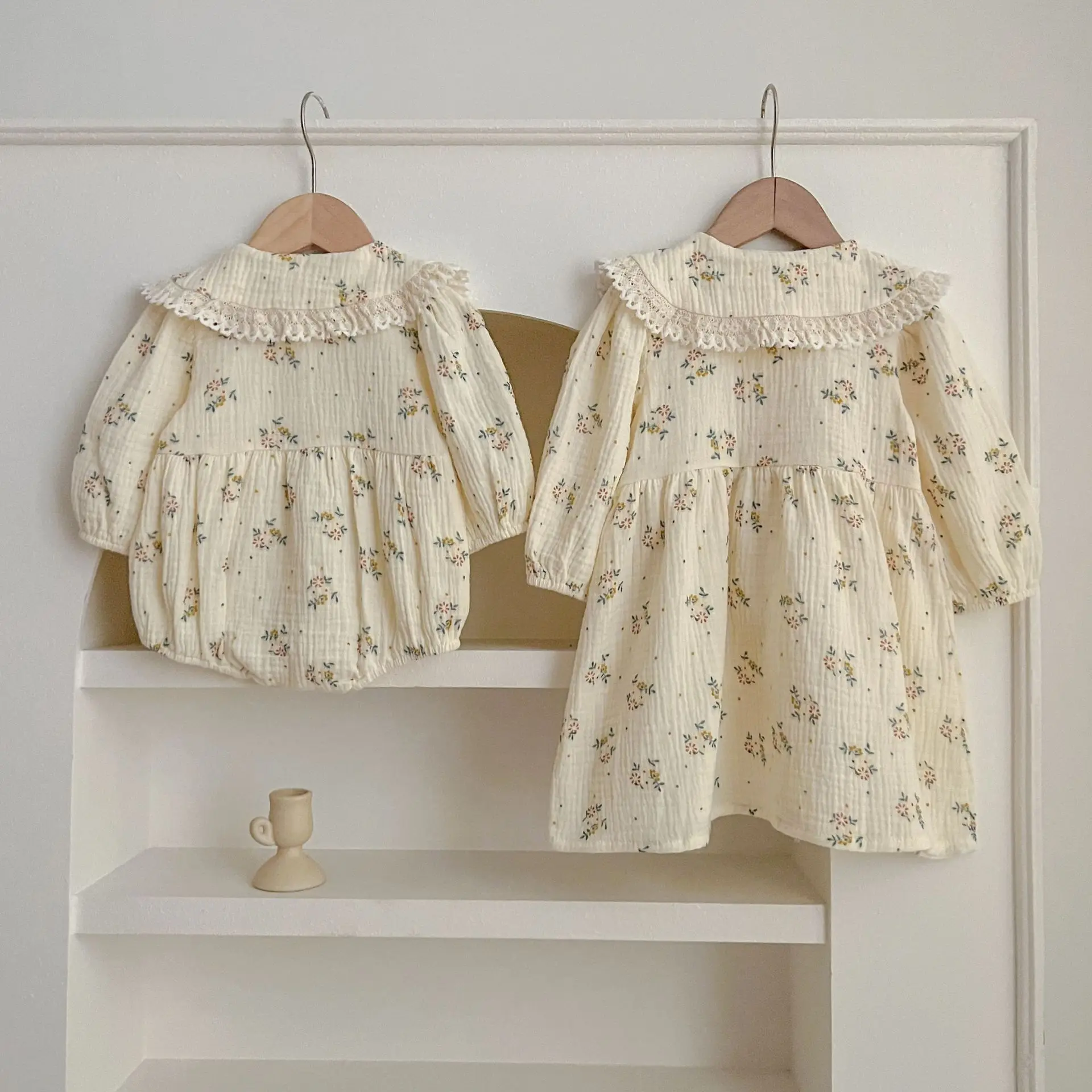 Spring Baby Girls Long Sleeve Sweet Sisters Flower Print Dress Autumn Infant Rompers Kids Baby Girls Princess Clothes Rompers