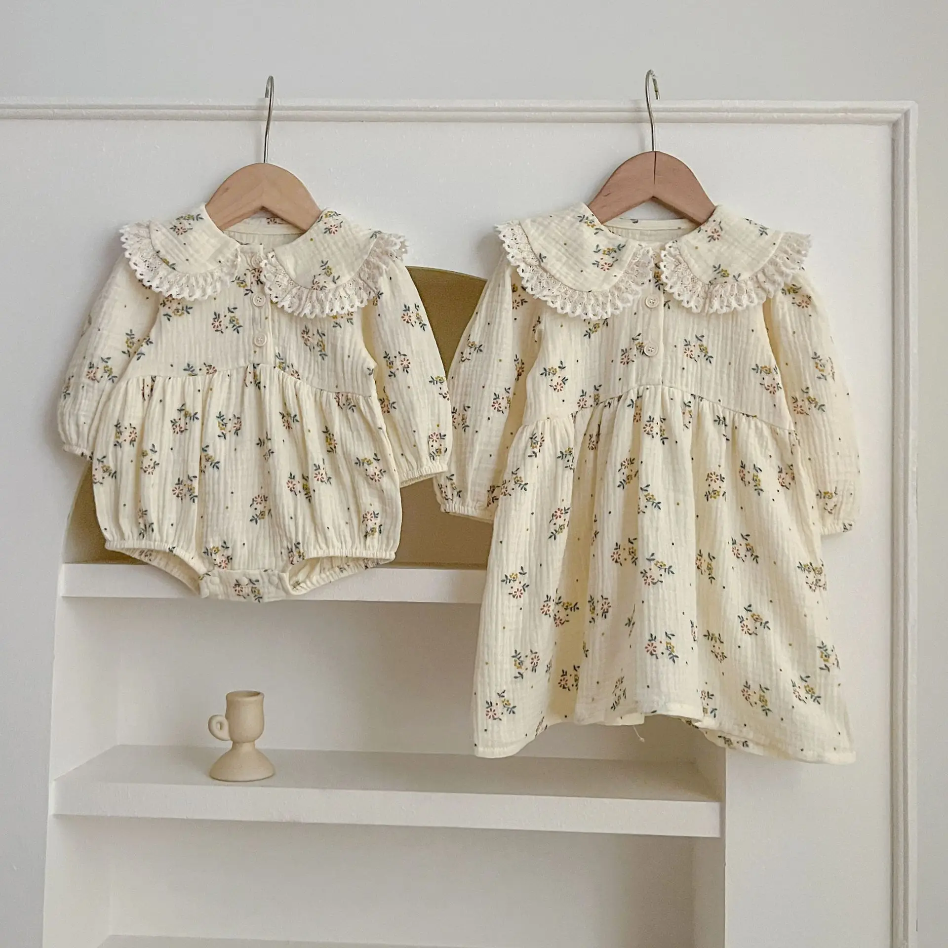 Spring Baby Girls Long Sleeve Sweet Sisters Flower Print Dress Autumn Infant Rompers Kids Baby Girls Princess Clothes Rompers