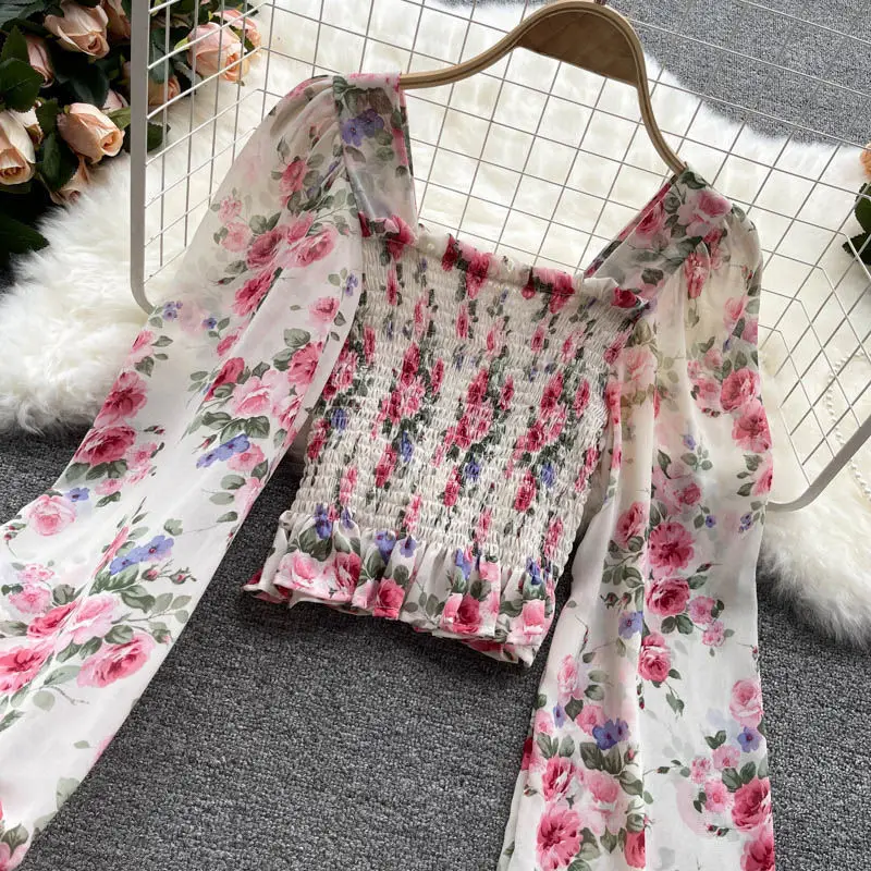 Pink Floral Printing Chiffon Square Collar Lantern Sleeve Women's Blouse Shirt Korean Fashion Female Clothing Tops 2024 Summer