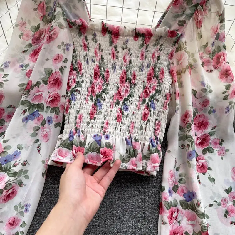 Pink Floral Printing Chiffon Square Collar Lantern Sleeve Women's Blouse Shirt Korean Fashion Female Clothing Tops 2024 Summer