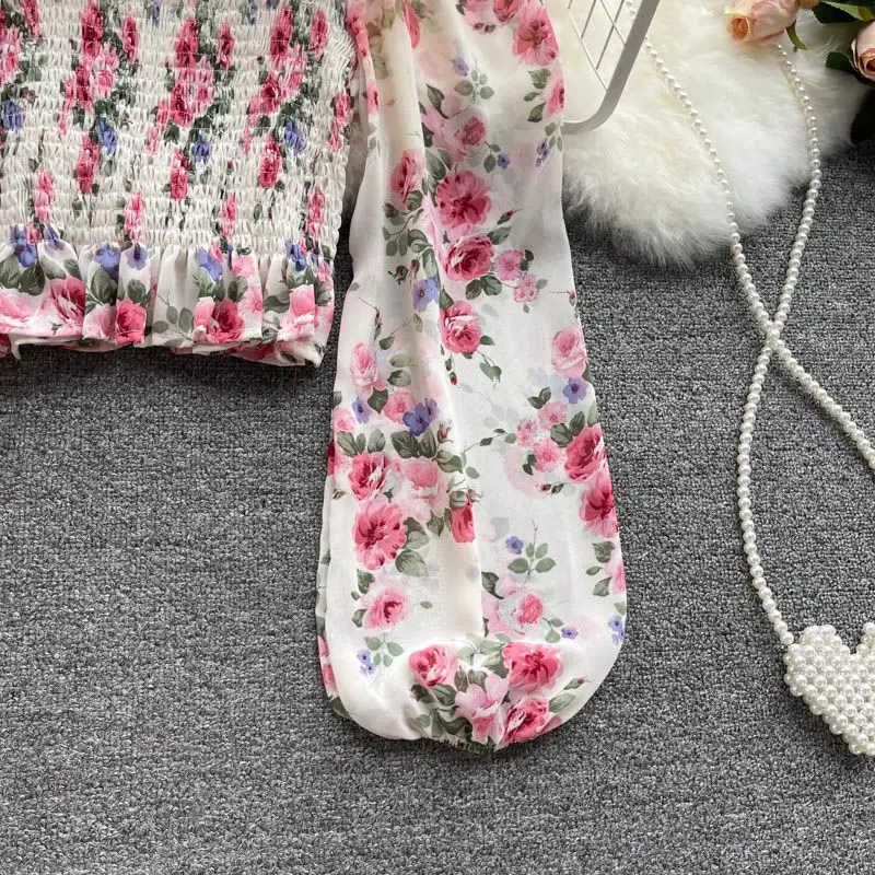 Pink Floral Printing Chiffon Square Collar Lantern Sleeve Women's Blouse Shirt Korean Fashion Female Clothing Tops 2024 Summer