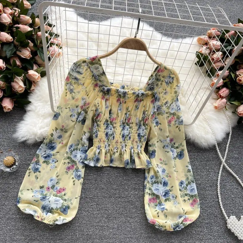 Pink Floral Printing Chiffon Square Collar Lantern Sleeve Women's Blouse Shirt Korean Fashion Female Clothing Tops 2024 Summer