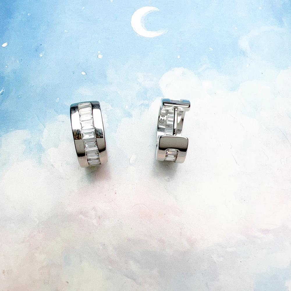 White Stone Pave Creole Hoop Earrings Europe Fine Jewerly For Women Trendy Gift In Solid 925 Sterling Silver