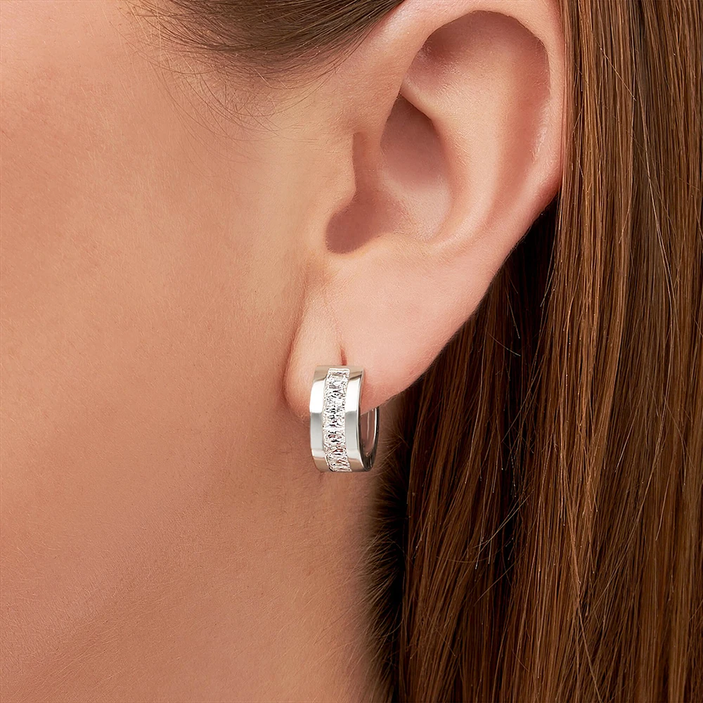 White Stone Pave Creole Hoop Earrings Europe Fine Jewerly For Women Trendy Gift In Solid 925 Sterling Silver